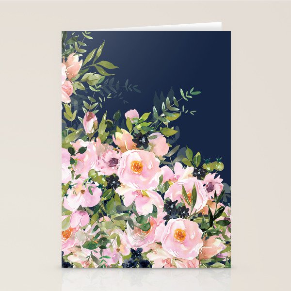 Floral Watercolor, Roses, Navy Blue and Pink, Vintage Art Stationery Card Gallery Image 2