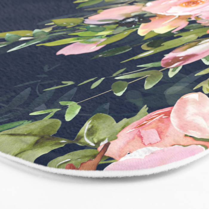 Floral Watercolor, Roses, Navy Blue and Pink, Vintage Art Bath Mat Gallery Image 3