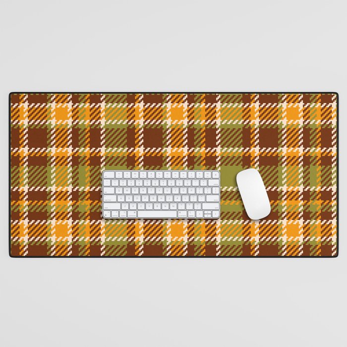 Retro 70s autumn tartan brown moss green mustard yellow pattern Desk Mat Gallery Image 1