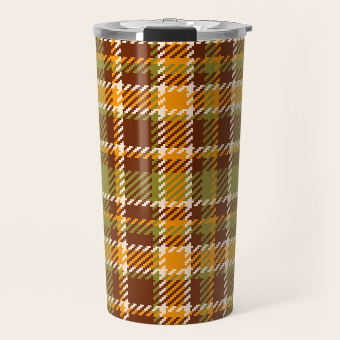 Retro 70s autumn tartan brown moss green mustard yellow pattern Travel Mug Gallery Image 1