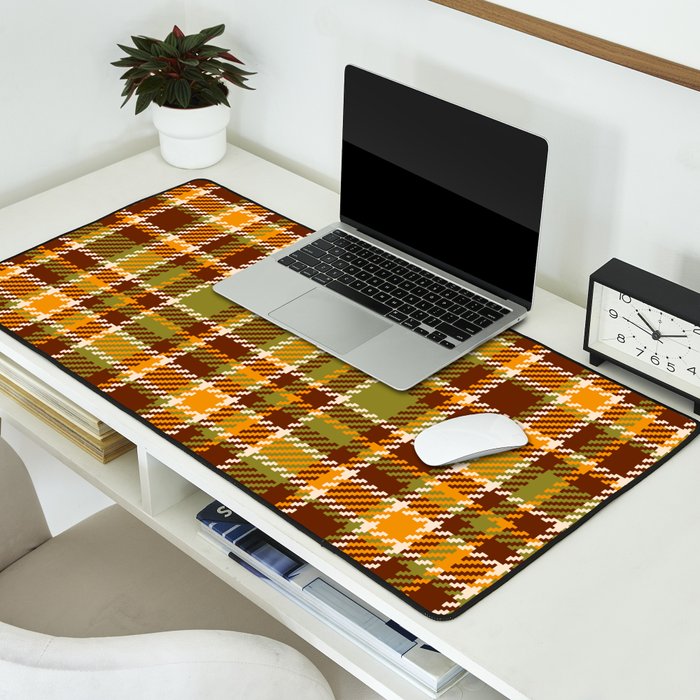 Retro 70s autumn tartan brown moss green mustard yellow pattern Desk Mat Gallery Image 2