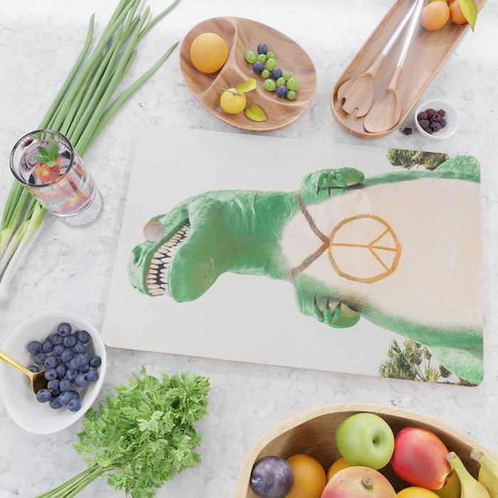 Green T-Rex Cabazon Dinosaur with Peace Sign - Palm Springs Cutting Board Gallery Image 2