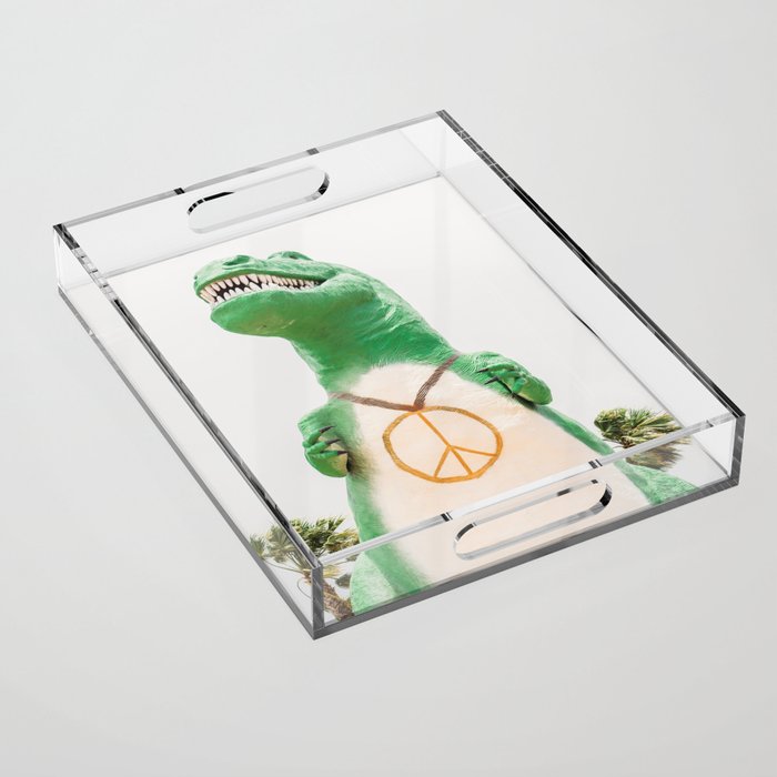 Green T-Rex Cabazon Dinosaur with Peace Sign - Palm Springs Acrylic Tray Gallery Image 1