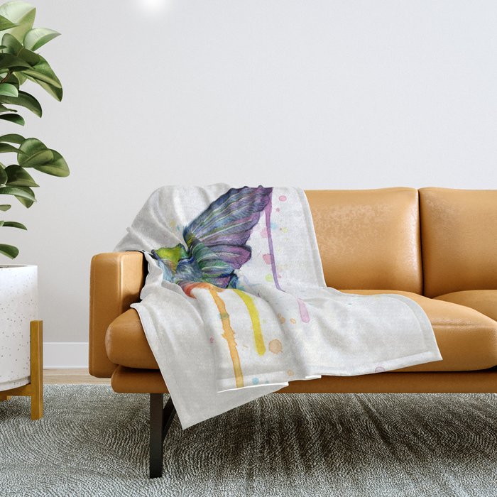 Hummingbird Rainbow Watercolor Throw Blanket Gallery Image 1