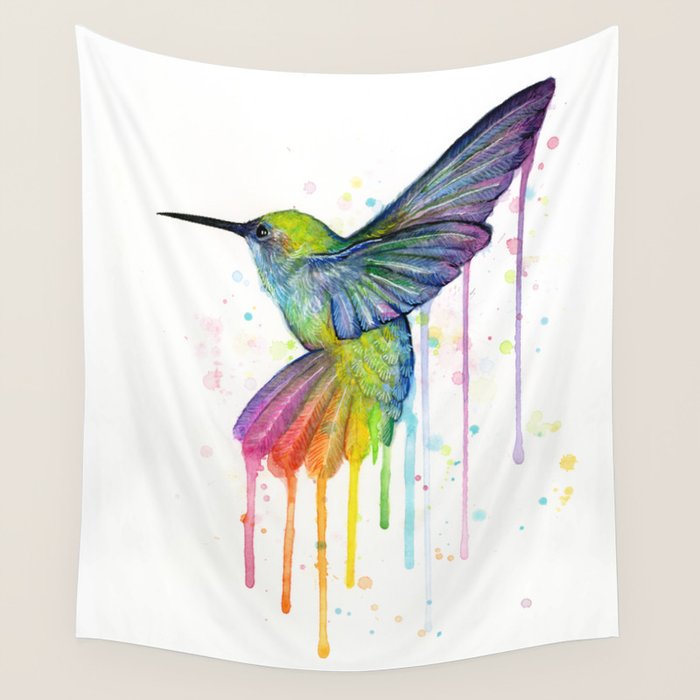 Hummingbird Rainbow Watercolor Wall Tapestry Gallery Image 4