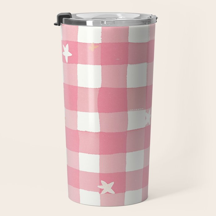 Pastel Pink Gingham with Stars Pattern Soft Aesthetic Grid Travel Mug Gallery Image 3