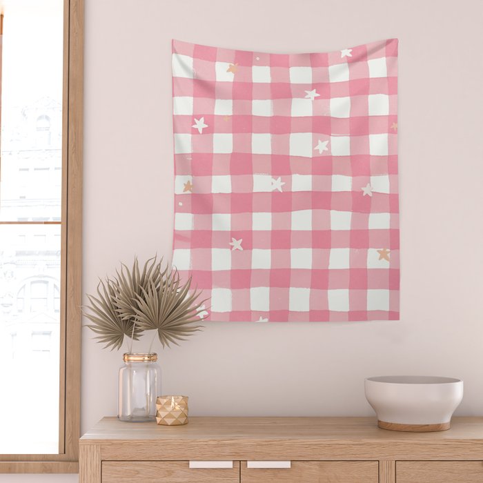 Pastel Pink Gingham with Stars Pattern Soft Aesthetic Grid Wall Tapestry Gallery Image 2