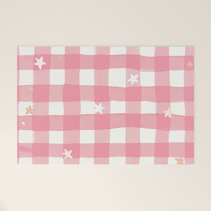 Pastel Pink Gingham with Stars Pattern Soft Aesthetic Grid Welcome Mat Gallery Image 1