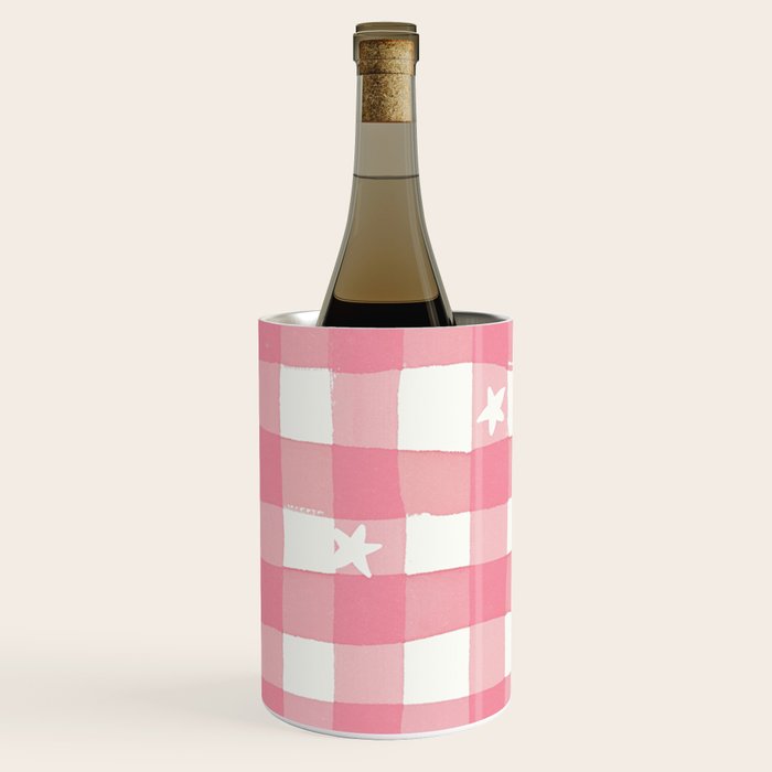 Pastel Pink Gingham with Stars Pattern Soft Aesthetic Grid Wine Chiller Gallery Image 1