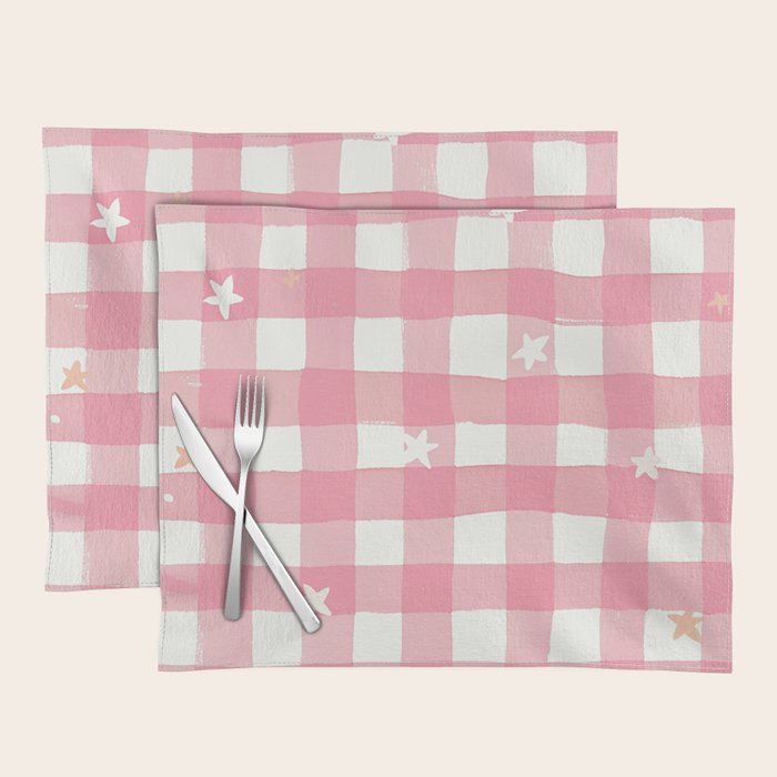 Pastel Pink Gingham with Stars Pattern Soft Aesthetic Grid Placemat Gallery Image 1