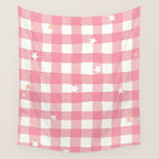 Pastel Pink Gingham with Stars Pattern Soft Aesthetic Grid Wall Tapestry Gallery Image 4