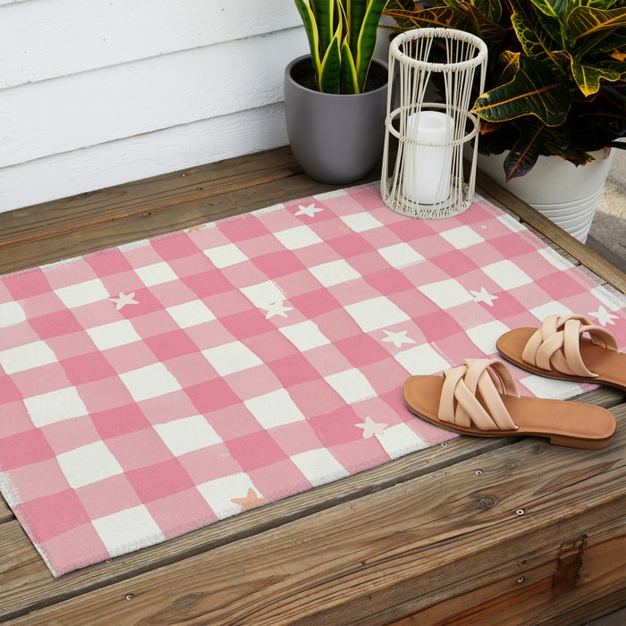Pastel Pink Gingham with Stars Pattern Soft Aesthetic Grid Outdoor Rug Gallery Image 2