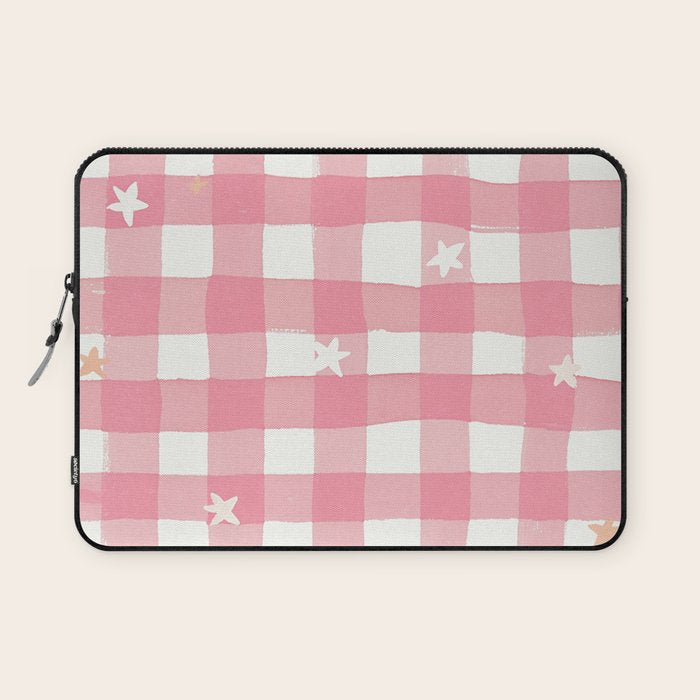 Pastel Pink Gingham with Stars Pattern Soft Aesthetic Grid Laptop Sleeve Gallery Image 1