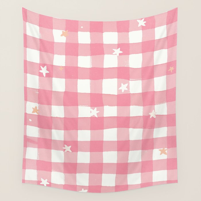 Pastel Pink Gingham with Stars Pattern Soft Aesthetic Grid Wall Tapestry Gallery Image 1