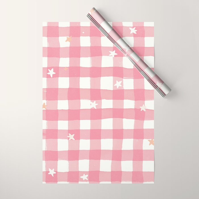 Pastel Pink Gingham with Stars Pattern Soft Aesthetic Grid Wrapping Paper Gallery Image 1