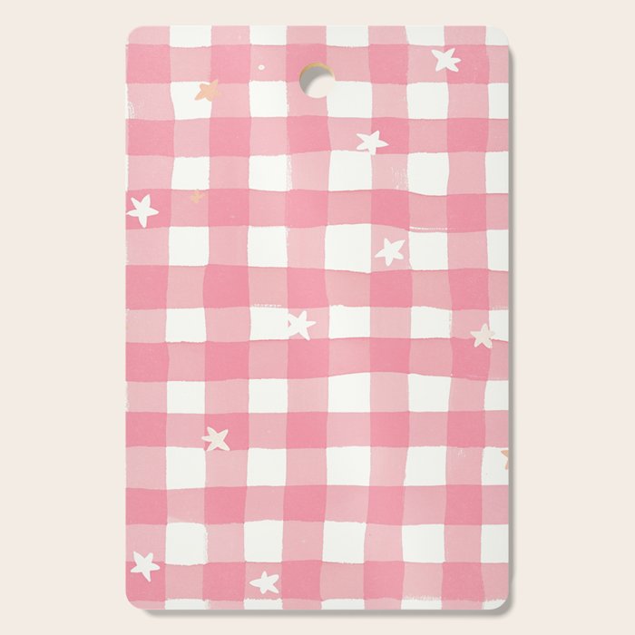 Pastel Pink Gingham with Stars Pattern Soft Aesthetic Grid Cutting Board Gallery Image 1