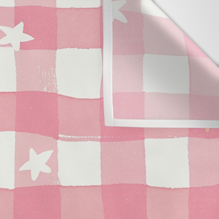 Pastel Pink Gingham with Stars Pattern Soft Aesthetic Grid Wall Tapestry Gallery Image 3