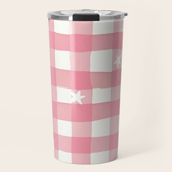 Pastel Pink Gingham with Stars Pattern Soft Aesthetic Grid Travel Mug Gallery Image 1