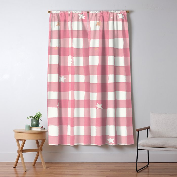 Pastel Pink Gingham with Stars Pattern Soft Aesthetic Grid Window Curtain Gallery Image 1