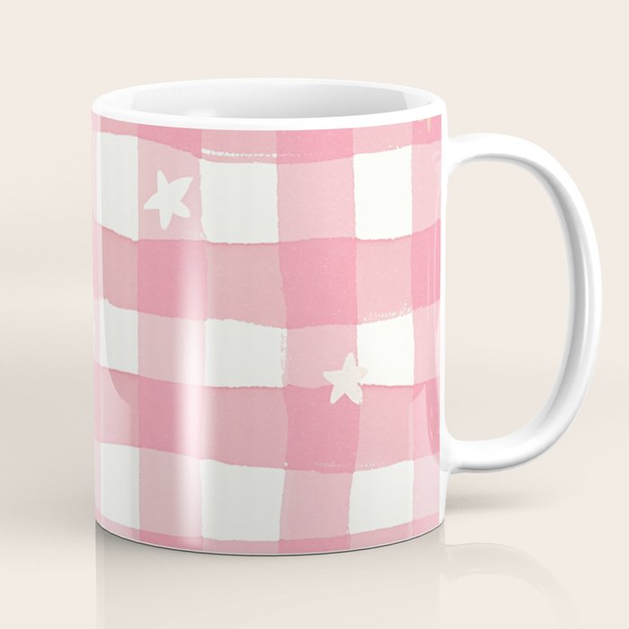 Pastel Pink Gingham with Stars Pattern Soft Aesthetic Grid Coffee Mug Gallery Image 1