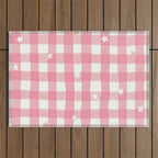 Pastel Pink Gingham with Stars Pattern Soft Aesthetic Grid Outdoor Rug Gallery Image 1