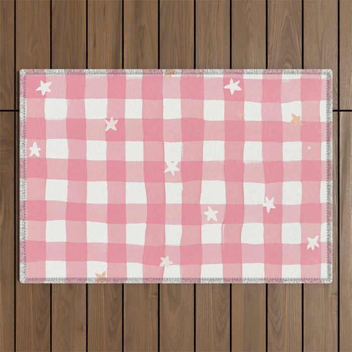 Pastel Pink Gingham with Stars Pattern Soft Aesthetic Grid Outdoor Rug Gallery Image 1