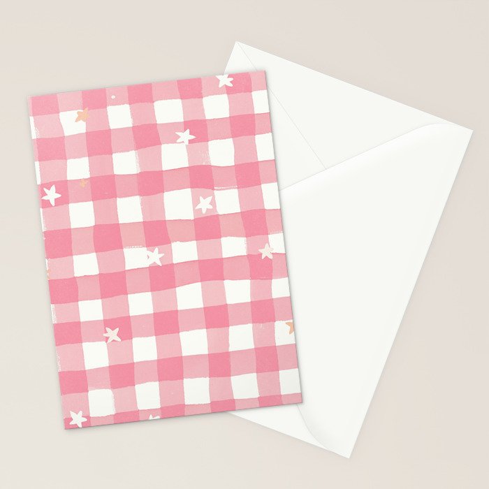 Pastel Pink Gingham with Stars Pattern Soft Aesthetic Grid Stationery Card Gallery Image 2