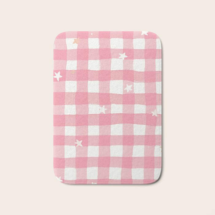Pastel Pink Gingham with Stars Pattern Soft Aesthetic Grid Bath Mat Gallery Image 1