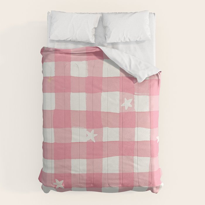 Pastel Pink Gingham with Stars Pattern Soft Aesthetic Grid Comforter Gallery Image 1