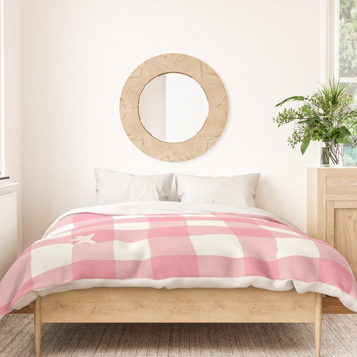 Pastel Pink Gingham with Stars Pattern Soft Aesthetic Grid Duvet Cover Gallery Image 3