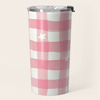 Pastel Pink Gingham with Stars Pattern Soft Aesthetic Grid Travel Mug Gallery Image 2