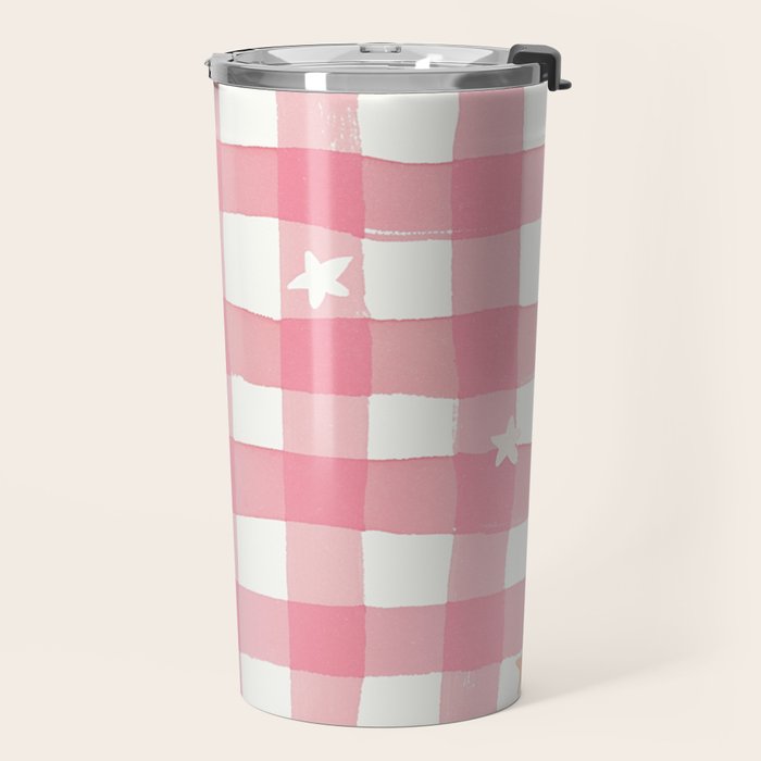 Pastel Pink Gingham with Stars Pattern Soft Aesthetic Grid Travel Mug Gallery Image 2