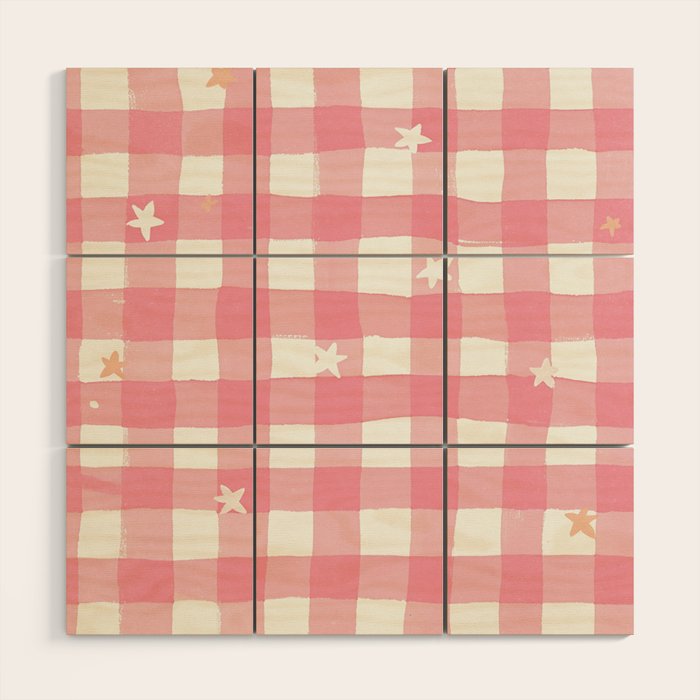 Pastel Pink Gingham with Stars Pattern Soft Aesthetic Grid Wood Wall Art Gallery Image 1