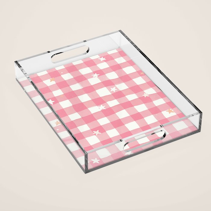 Pastel Pink Gingham with Stars Pattern Soft Aesthetic Grid Acrylic Tray Gallery Image 1