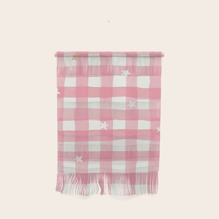 Pastel Pink Gingham with Stars Pattern Soft Aesthetic Grid Wall Hanging Gallery Image 1