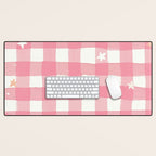 Pastel Pink Gingham with Stars Pattern Soft Aesthetic Grid Desk Mat Gallery Image 1