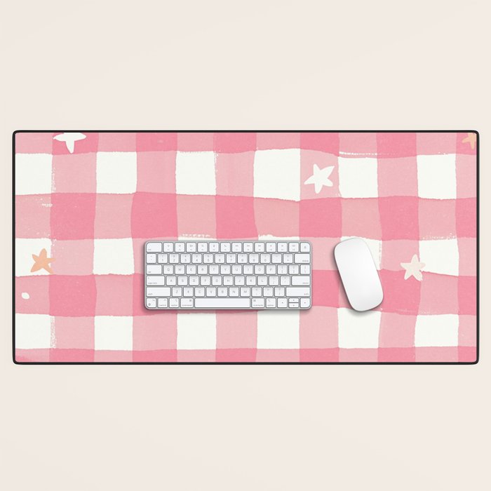 Pastel Pink Gingham with Stars Pattern Soft Aesthetic Grid Desk Mat Gallery Image 1