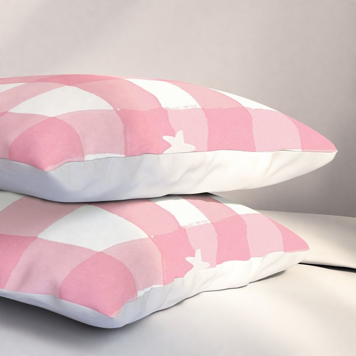 Pastel Pink Gingham with Stars Pattern Soft Aesthetic Grid Pillow Sham Gallery Image 3