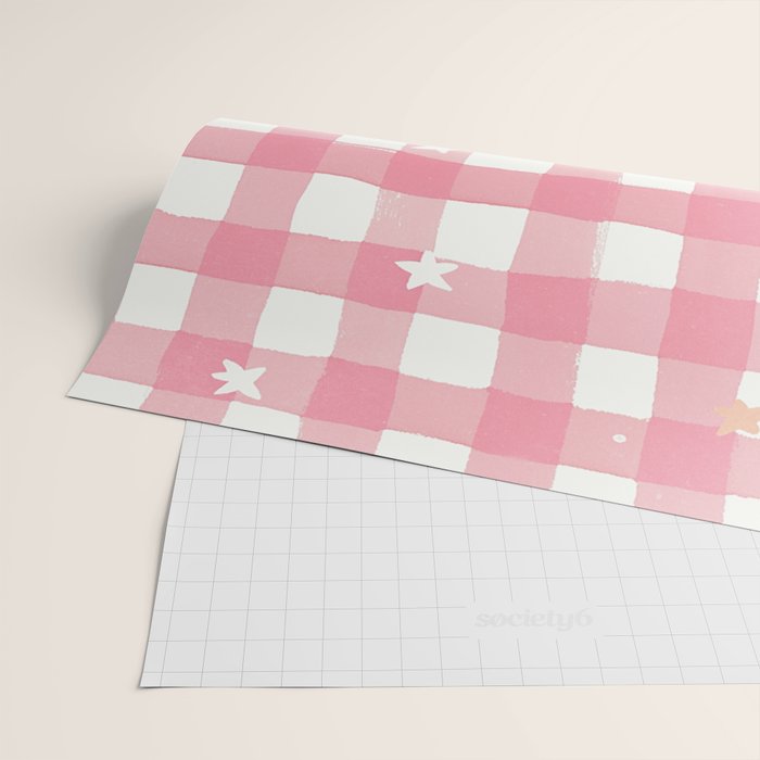 Pastel Pink Gingham with Stars Pattern Soft Aesthetic Grid Wrapping Paper Gallery Image 2