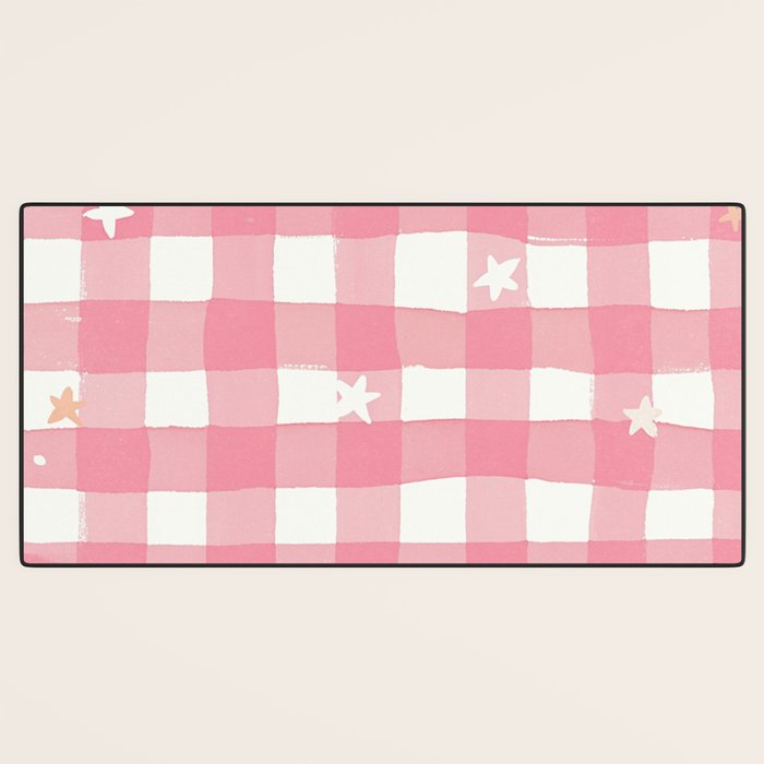 Pastel Pink Gingham with Stars Pattern Soft Aesthetic Grid Desk Mat Gallery Image 3