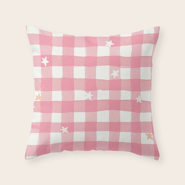 Pastel Pink Gingham with Stars Pattern Soft Aesthetic Grid Throw Pillow Gallery Image 6