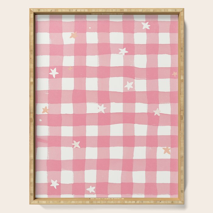 Pastel Pink Gingham with Stars Pattern Soft Aesthetic Grid Serving Tray Gallery Image 1