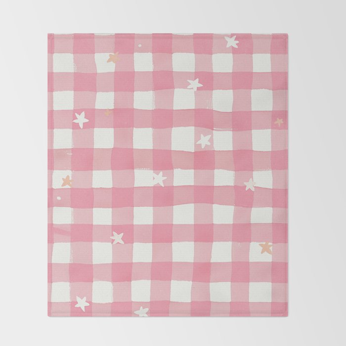 Pastel Pink Gingham with Stars Pattern Soft Aesthetic Grid Throw Blanket Gallery Image 2