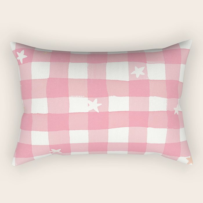 Pastel Pink Gingham with Stars Pattern Soft Aesthetic Grid Rectangular Pillow Gallery Image 1