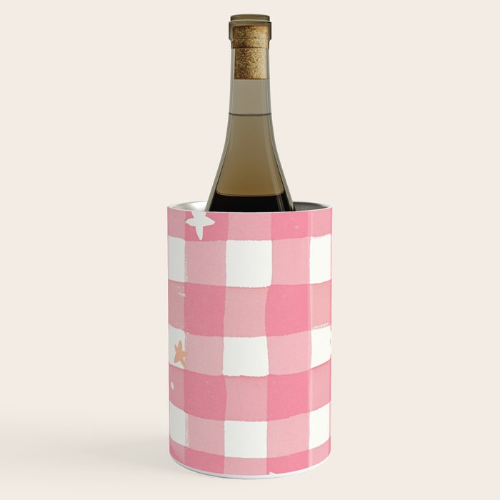 Pastel Pink Gingham with Stars Pattern Soft Aesthetic Grid Wine Chiller Gallery Image 2