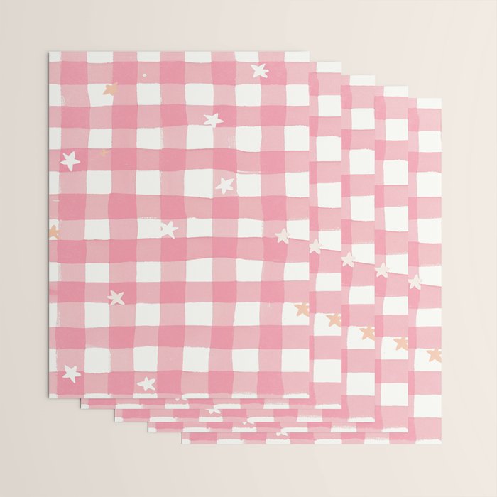 Pastel Pink Gingham with Stars Pattern Soft Aesthetic Grid Wrapping Paper Gallery Image 3