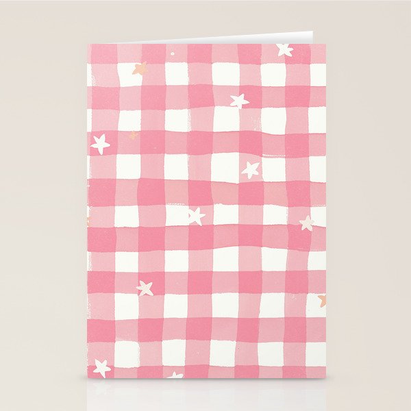 Pastel Pink Gingham with Stars Pattern Soft Aesthetic Grid Stationery Card Gallery Image 2