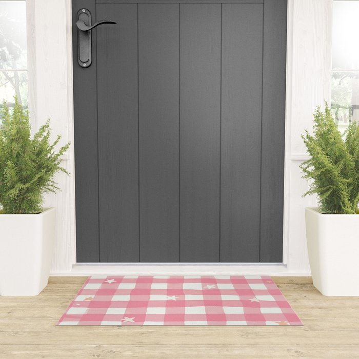 Pastel Pink Gingham with Stars Pattern Soft Aesthetic Grid Welcome Mat Gallery Image 3