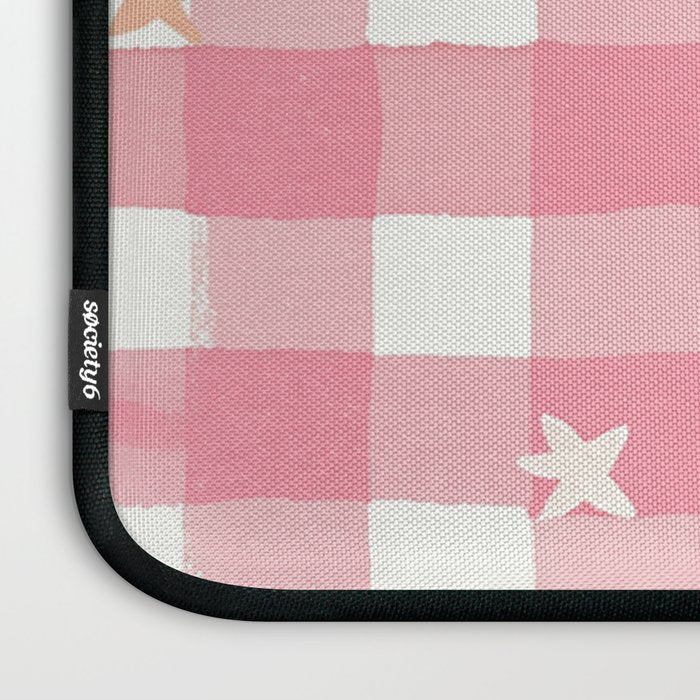 Pastel Pink Gingham with Stars Pattern Soft Aesthetic Grid Laptop Sleeve Gallery Image 3