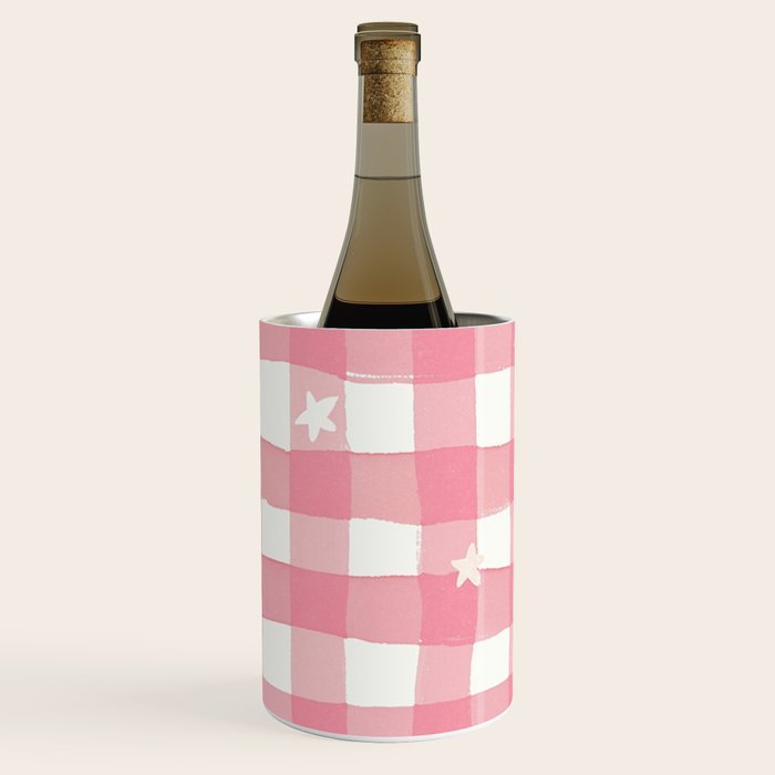 Pastel Pink Gingham with Stars Pattern Soft Aesthetic Grid Wine Chiller Gallery Image 3